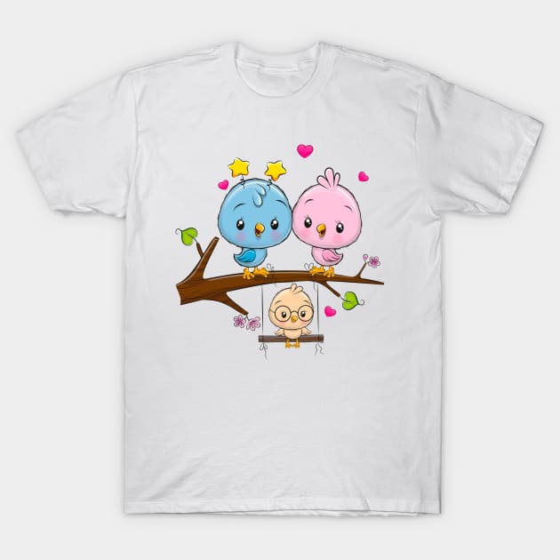 A cute family of birds on a branch. T-Shirt by Reginast777